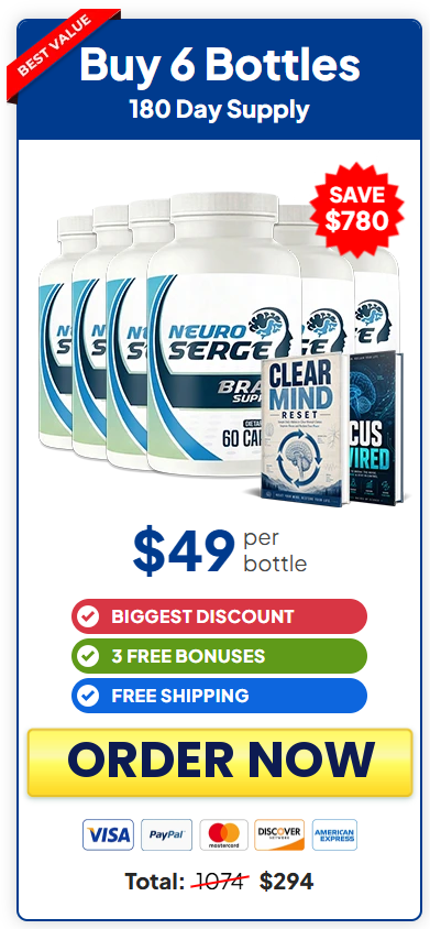Best Value — Buy 6 bottles, 180 day supply, $49 per bottle, save $780, 3 free bonuses, free shipping, total $294