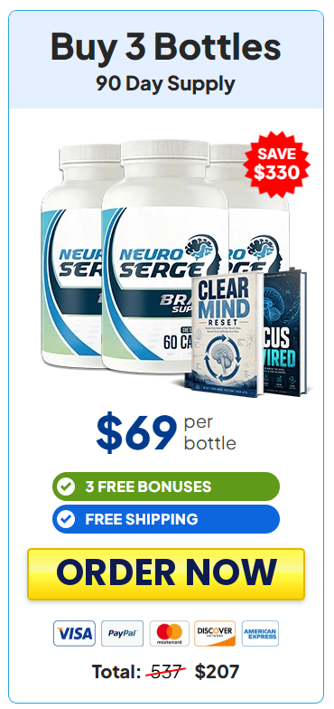 Buy 3 bottles — 90 day supply, $69 per bottle, save $330, 3 free bonuses, free shipping, total $207